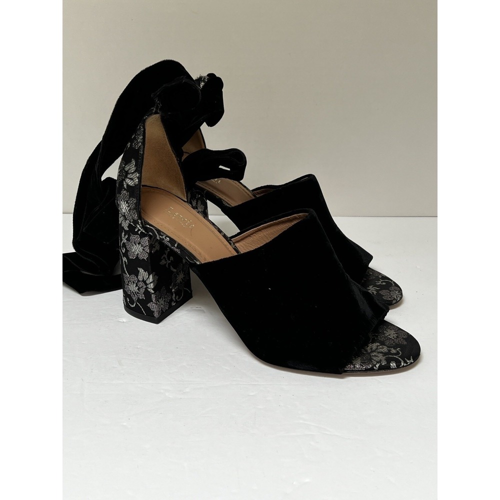 Lewit Black Velvet Silver Floral Brocade Ankle Tie Block Heel Sandals 39.5 Italy